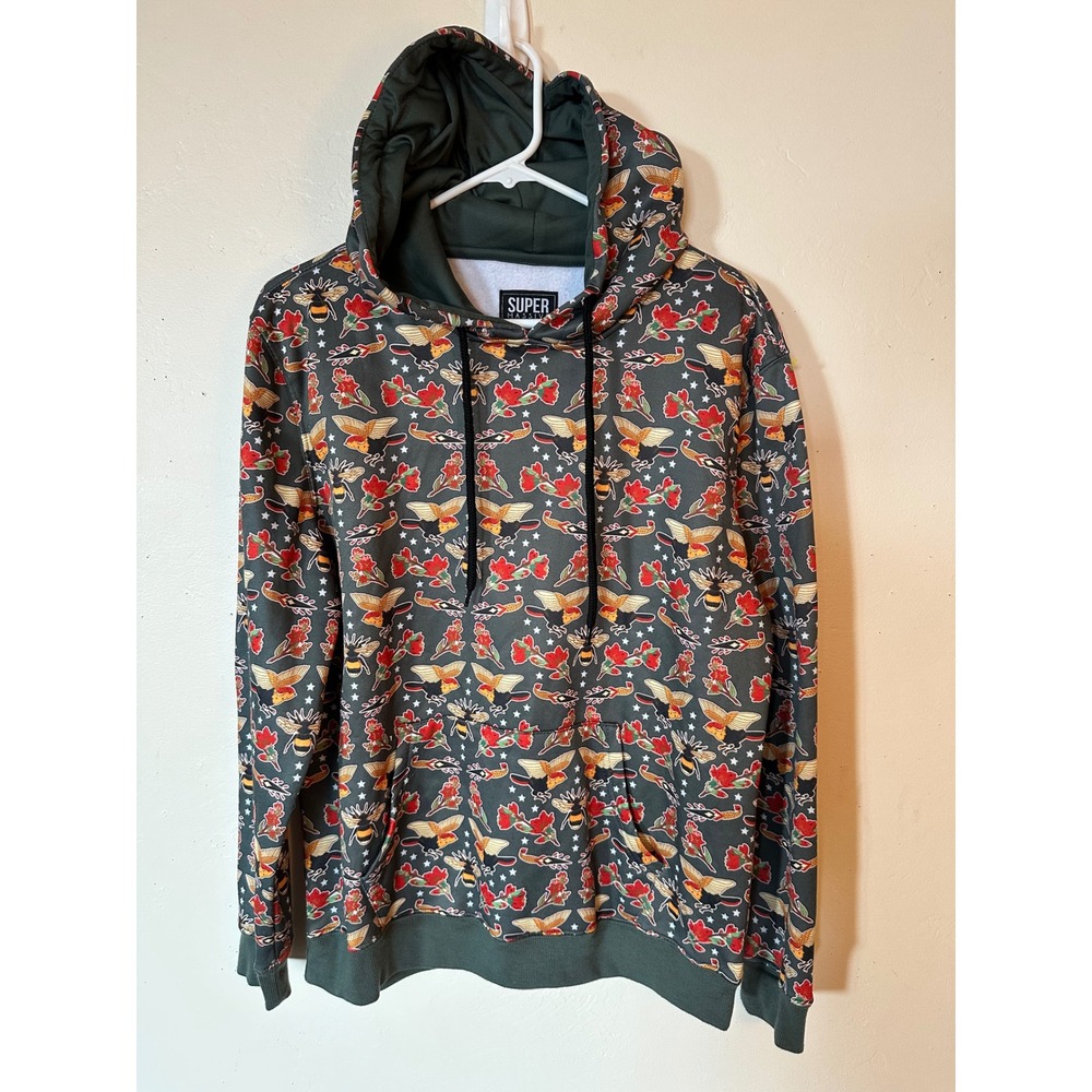 Super Massive Mens Small Green Tattoo Print Hoodie Bee Bird Dagger Sweatshirt